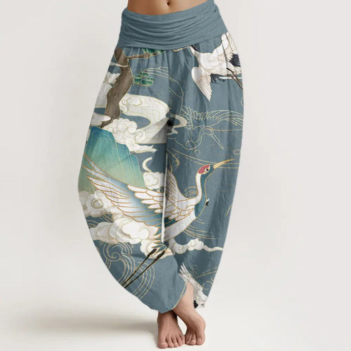 Buddha Stones Pure Cotton Flying Cranes Auspicious Clouds Tree women’s Elastic Waist Harem Pants - PowderBlue