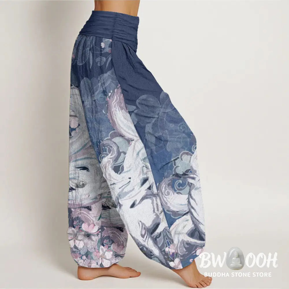 Buddha Stones Pure Cotton Fox Cherry Blossoms Women’s Elastic Waist Harem Pants - Women’s Harem Pants