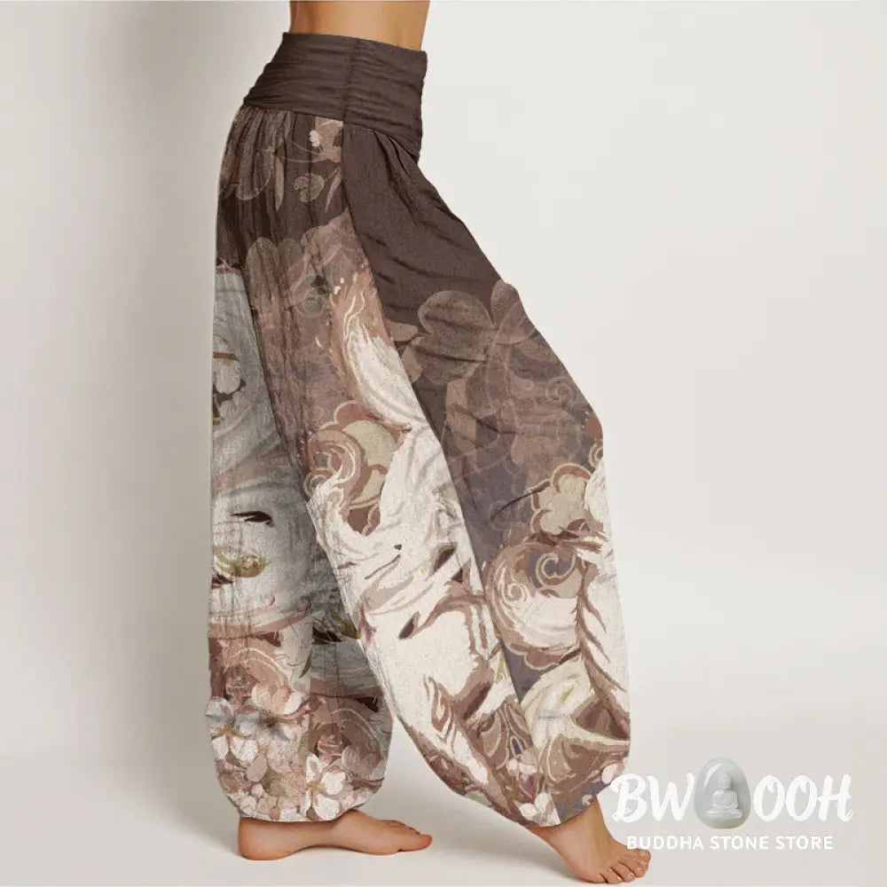 Buddha Stones Pure Cotton Fox Cherry Blossoms Women’s Elastic Waist Harem Pants - Women’s Harem Pants