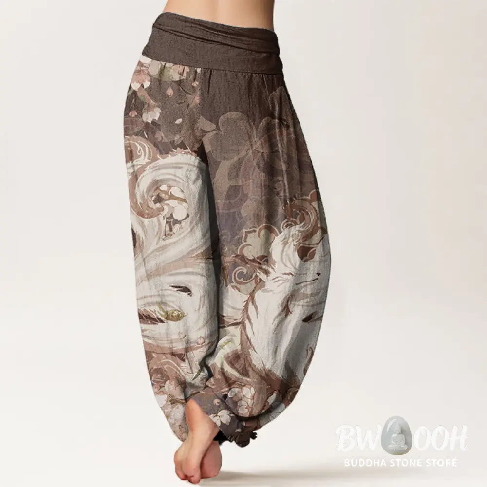 Buddha Stones Pure Cotton Fox Cherry Blossoms Women’s Elastic Waist Harem Pants - Women’s Harem Pants