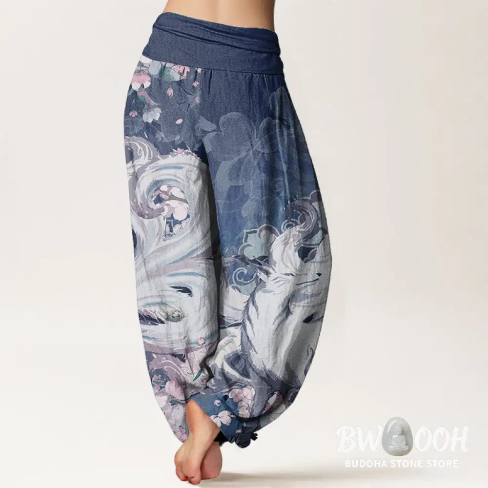 Buddha Stones Pure Cotton Fox Cherry Blossoms Women’s Elastic Waist Harem Pants - Women’s Harem Pants