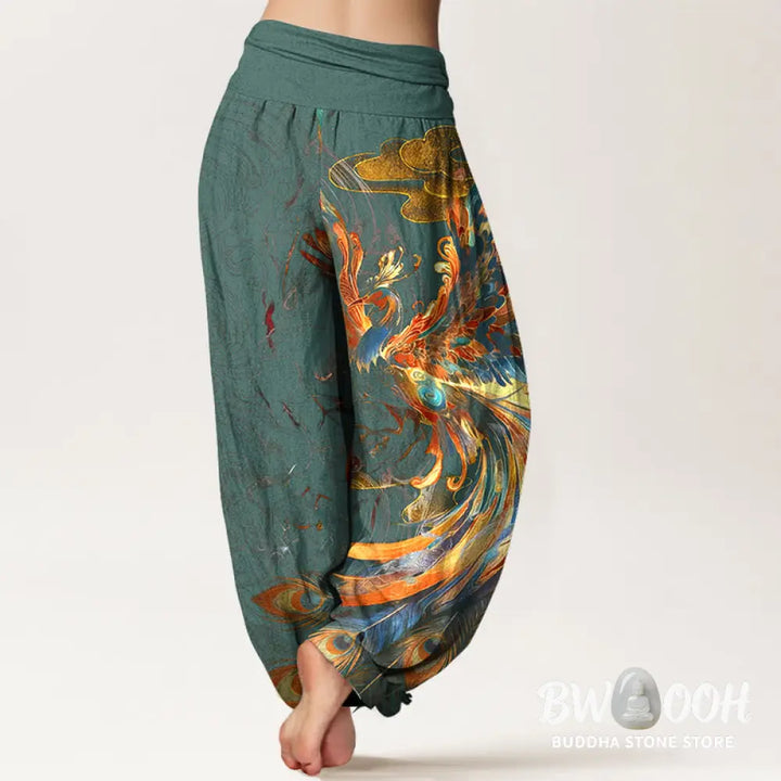 Buddha Stones Pure Cotton Gorgeous Flying Phoenix Cloud Pattern Women’s Elastic Waist Harem Pants - Women’s Harem Pants
