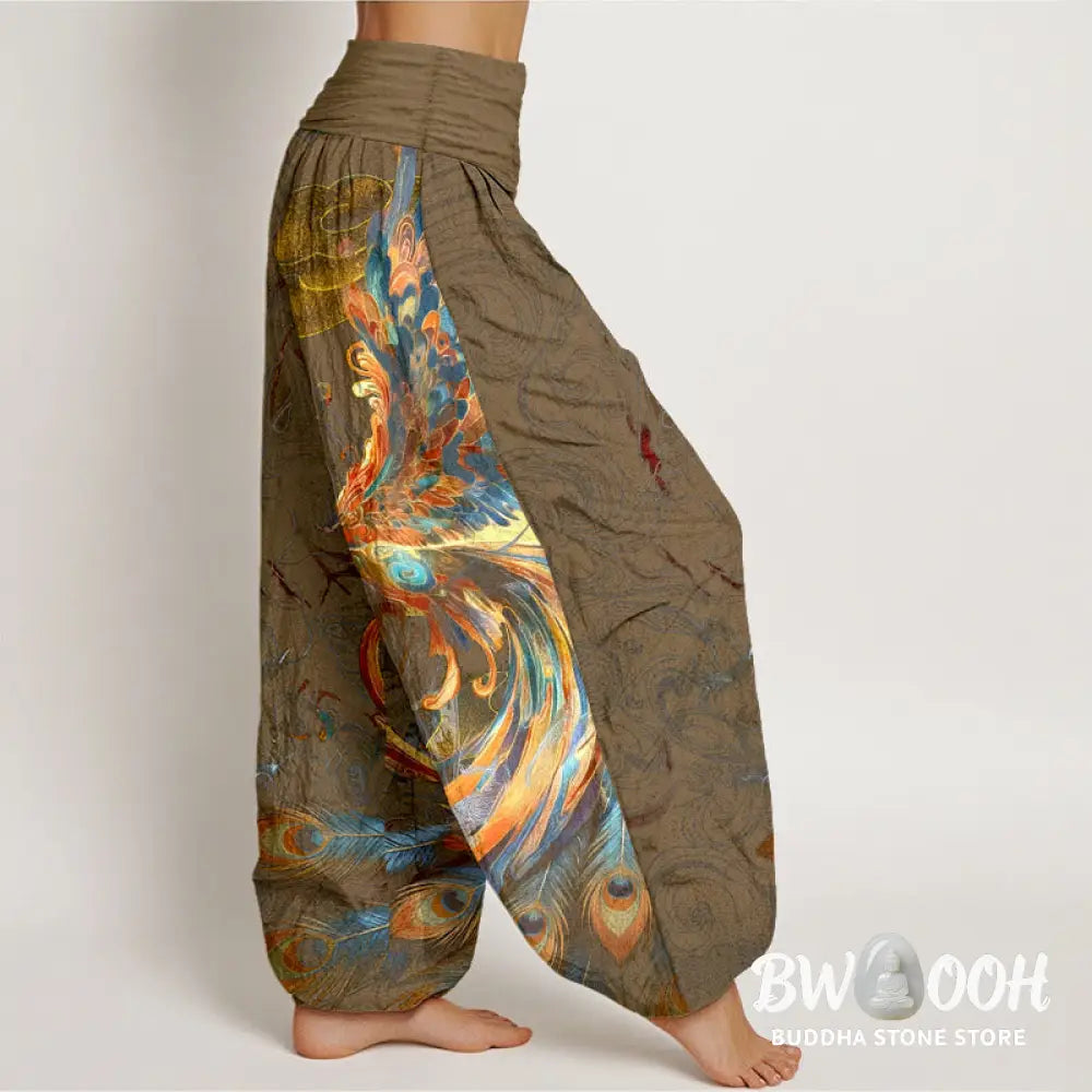 Buddha Stones Pure Cotton Gorgeous Flying Phoenix Cloud Pattern Women’s Elastic Waist Harem Pants - Women’s Harem Pants