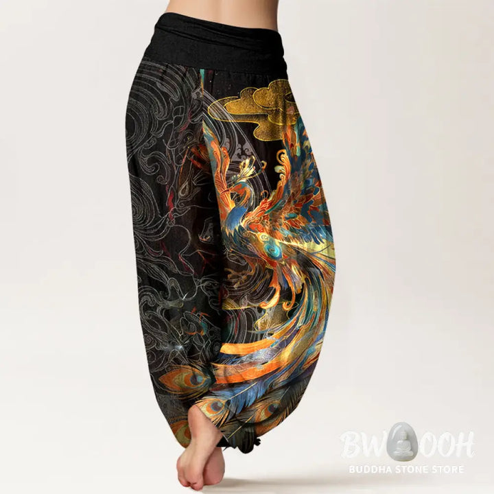 Buddha Stones Pure Cotton Gorgeous Flying Phoenix Cloud Pattern Women’s Elastic Waist Harem Pants - Women’s Harem Pants