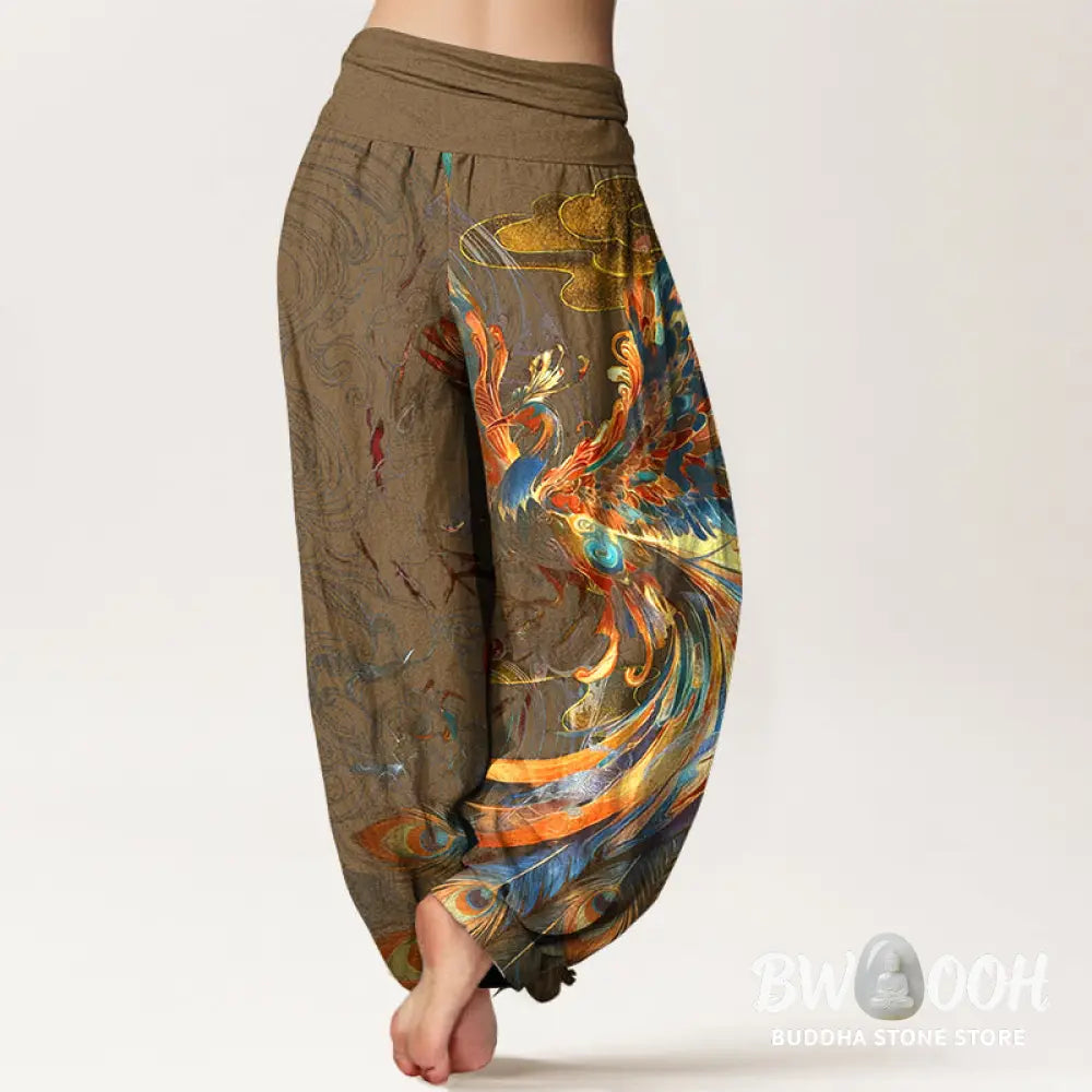 Buddha Stones Pure Cotton Gorgeous Flying Phoenix Cloud Pattern Women’s Elastic Waist Harem Pants - Women’s Harem Pants