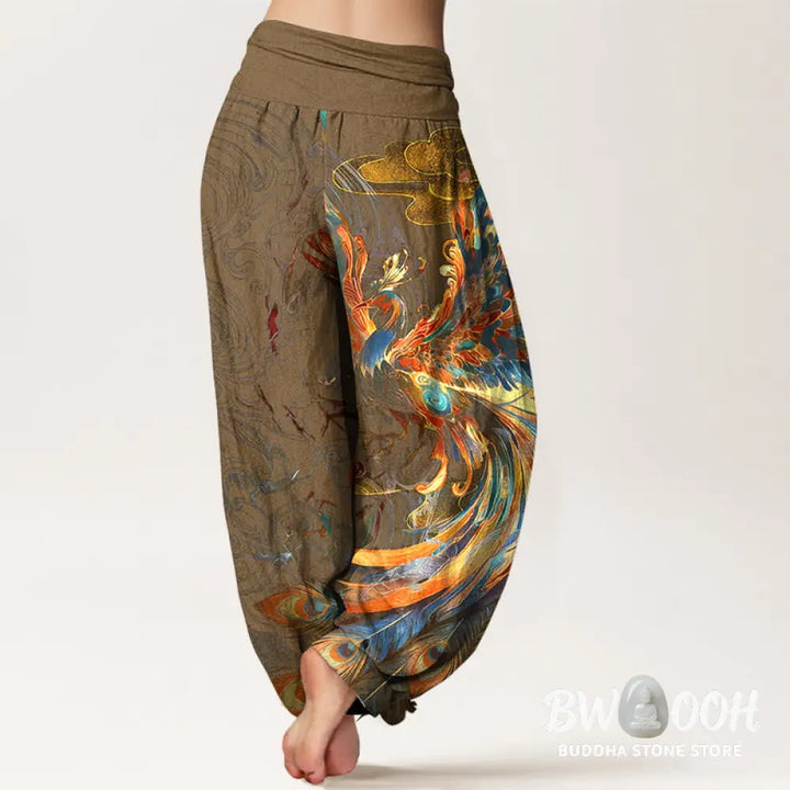 Buddha Stones Pure Cotton Gorgeous Flying Phoenix Cloud Pattern Women’s Elastic Waist Harem Pants - Women’s Harem Pants