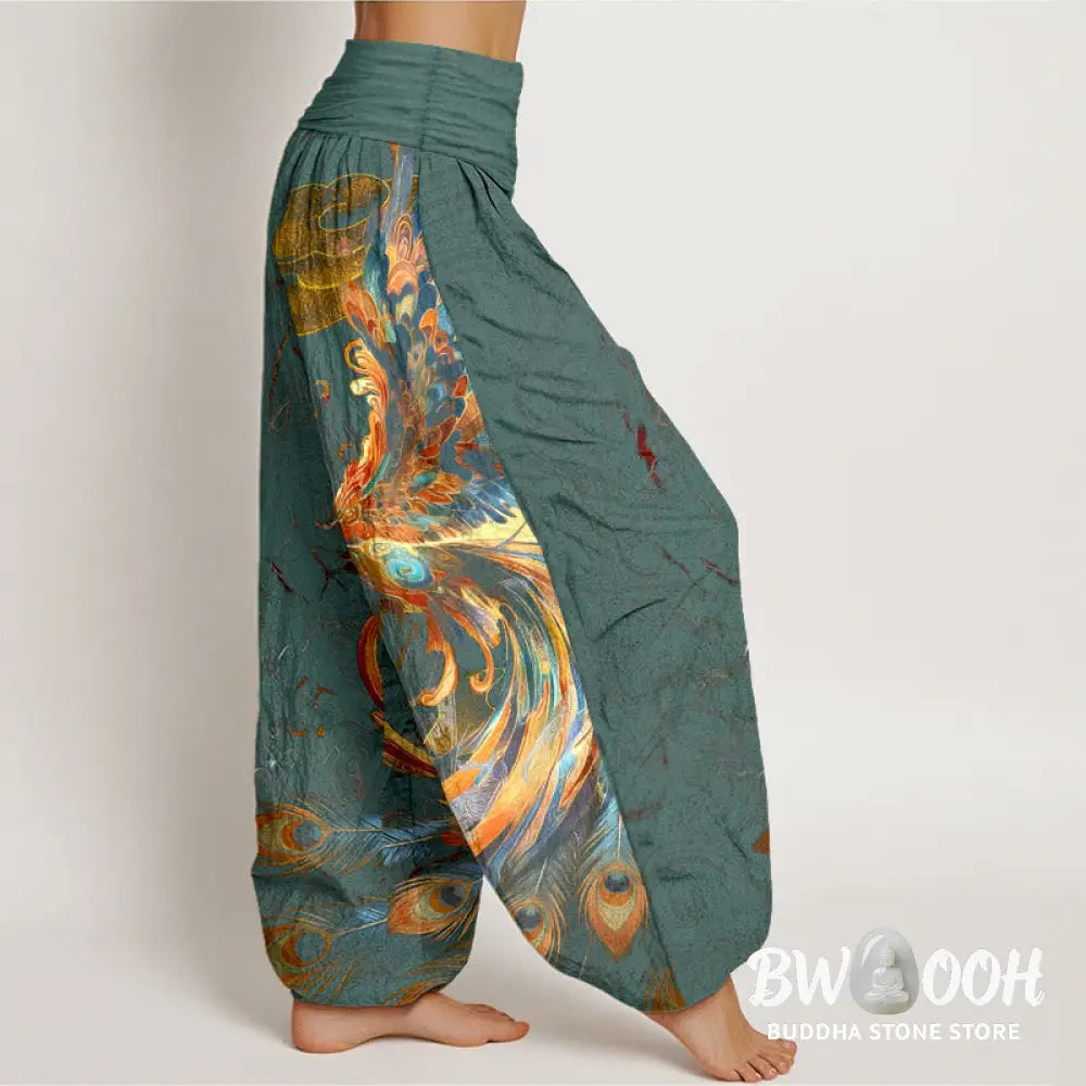 Buddha Stones Pure Cotton Gorgeous Flying Phoenix Cloud Pattern Women’s Elastic Waist Harem Pants - Women’s Harem Pants