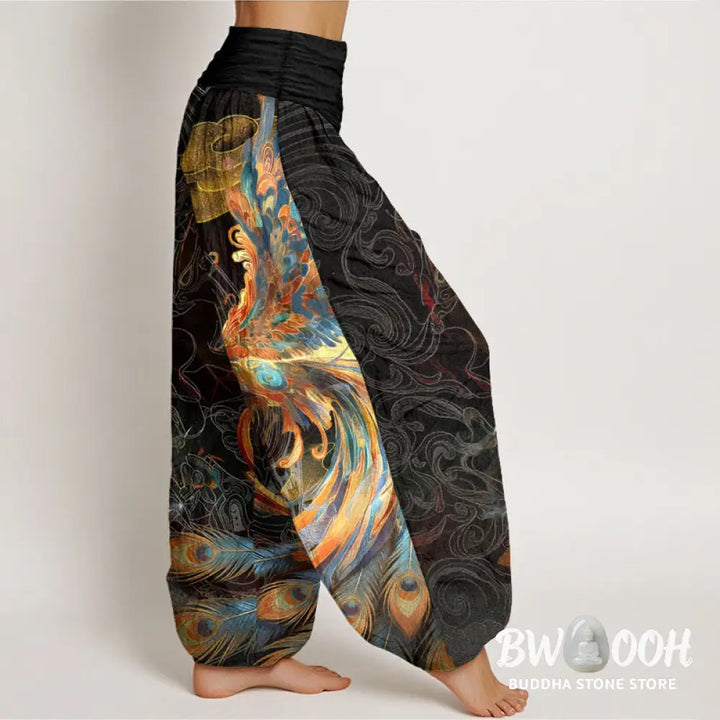 Buddha Stones Pure Cotton Gorgeous Flying Phoenix Cloud Pattern Women’s Elastic Waist Harem Pants - Women’s Harem Pants