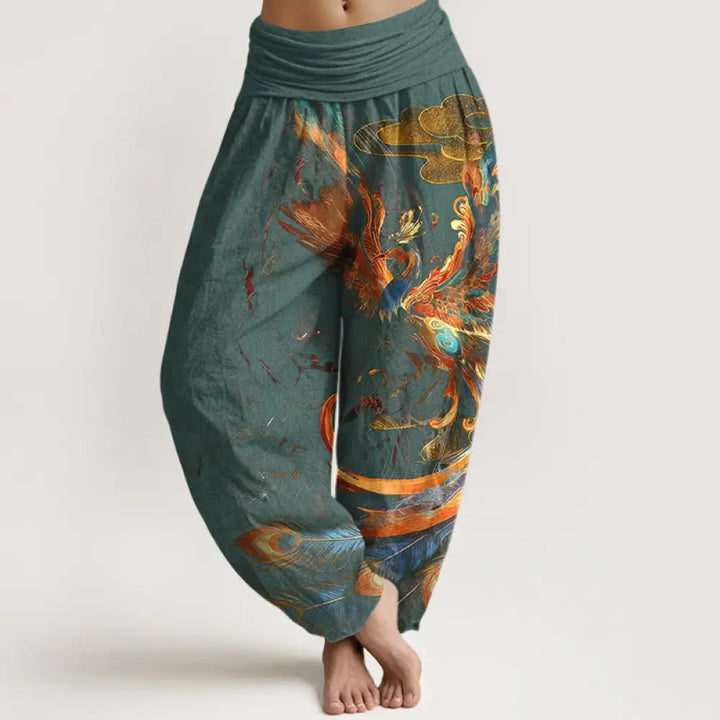 Buddha Stones Pure Cotton Gorgeous Flying Phoenix Cloud Pattern Women’s Elastic Waist Harem Pants - CadetBlue