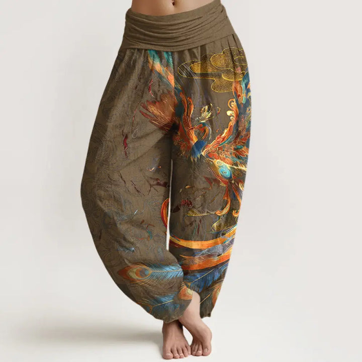 Buddha Stones Pure Cotton Gorgeous Flying Phoenix Cloud Pattern Women’s Elastic Waist Harem Pants - Peru