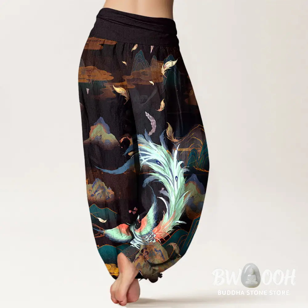 Buddha Stones Pure Cotton Gorgeous Phoenix Mountain Cloud Pattern Women’s Elastic Waist Harem Pants - Women’s Harem