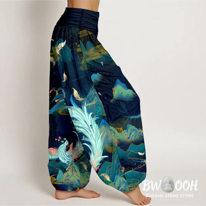 Buddha Stones Pure Cotton Gorgeous Phoenix Mountain Cloud Pattern Women’s Elastic Waist Harem Pants - Women’s Harem