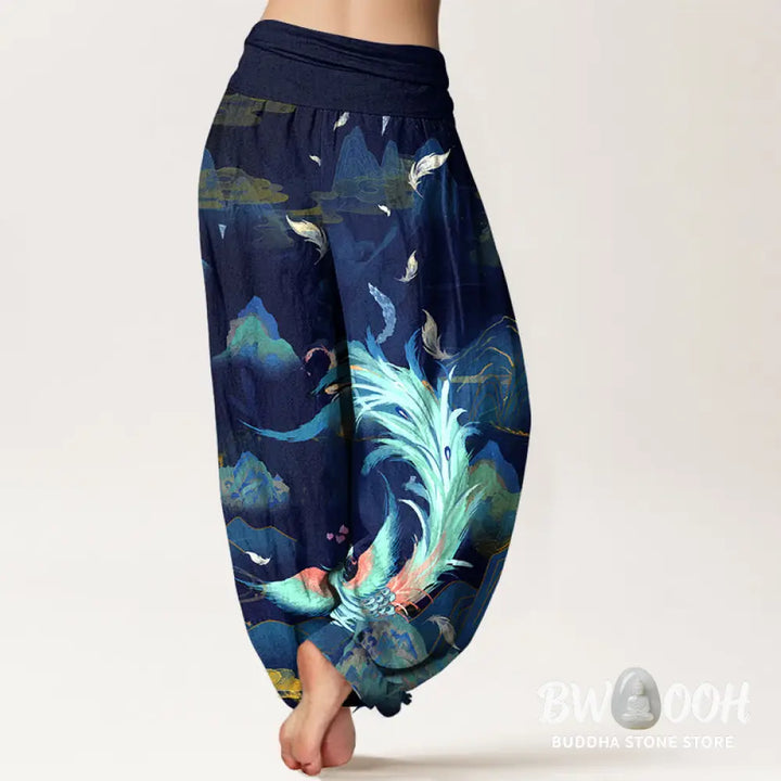 Buddha Stones Pure Cotton Gorgeous Phoenix Mountain Cloud Pattern Women’s Elastic Waist Harem Pants - Women’s Harem