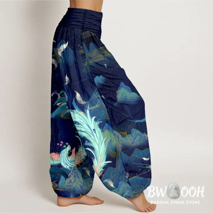 Buddha Stones Pure Cotton Gorgeous Phoenix Mountain Cloud Pattern Women’s Elastic Waist Harem Pants - Women’s Harem
