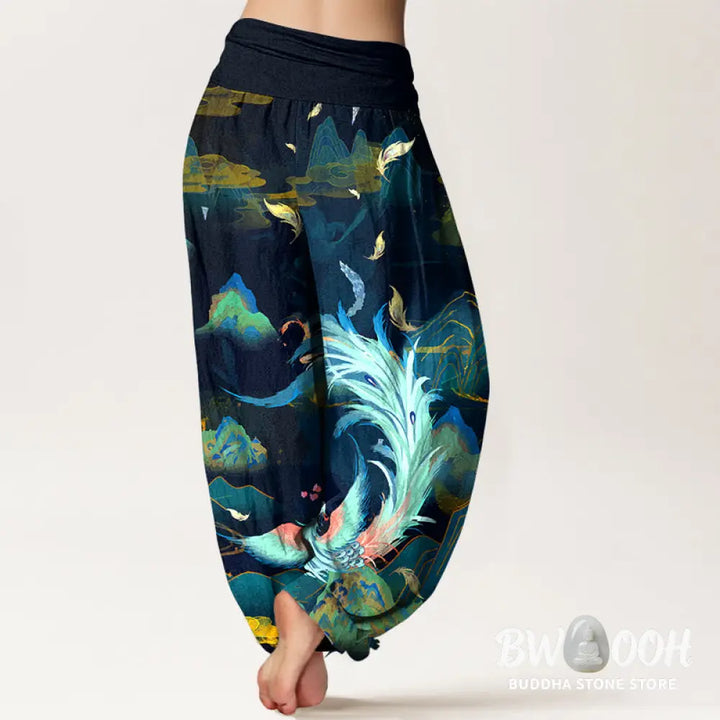 Buddha Stones Pure Cotton Gorgeous Phoenix Mountain Cloud Pattern Women’s Elastic Waist Harem Pants - Women’s Harem
