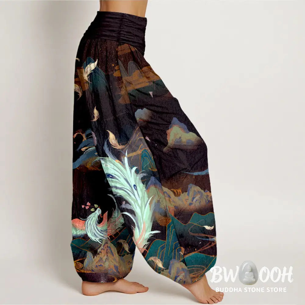 Buddha Stones Pure Cotton Gorgeous Phoenix Mountain Cloud Pattern Women’s Elastic Waist Harem Pants - Women’s Harem