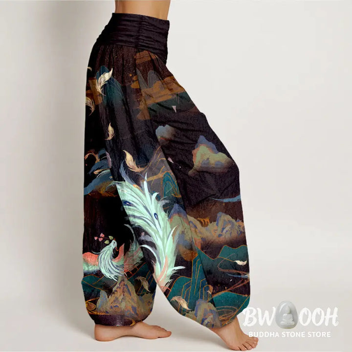 Buddha Stones Pure Cotton Gorgeous Phoenix Mountain Cloud Pattern Women’s Elastic Waist Harem Pants - Women’s Harem