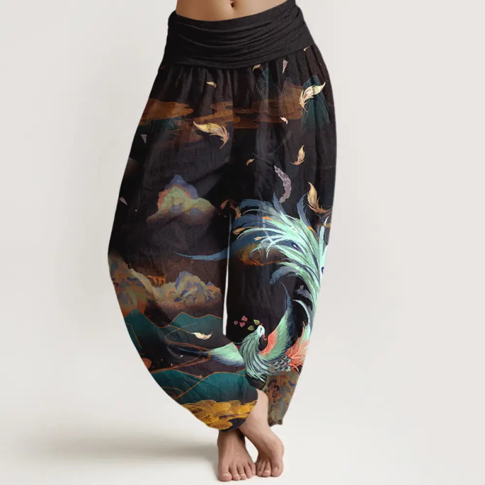 Buddha Stones Pure Cotton Gorgeous Phoenix Mountain Cloud Pattern Women’s Elastic Waist Harem Pants - Black