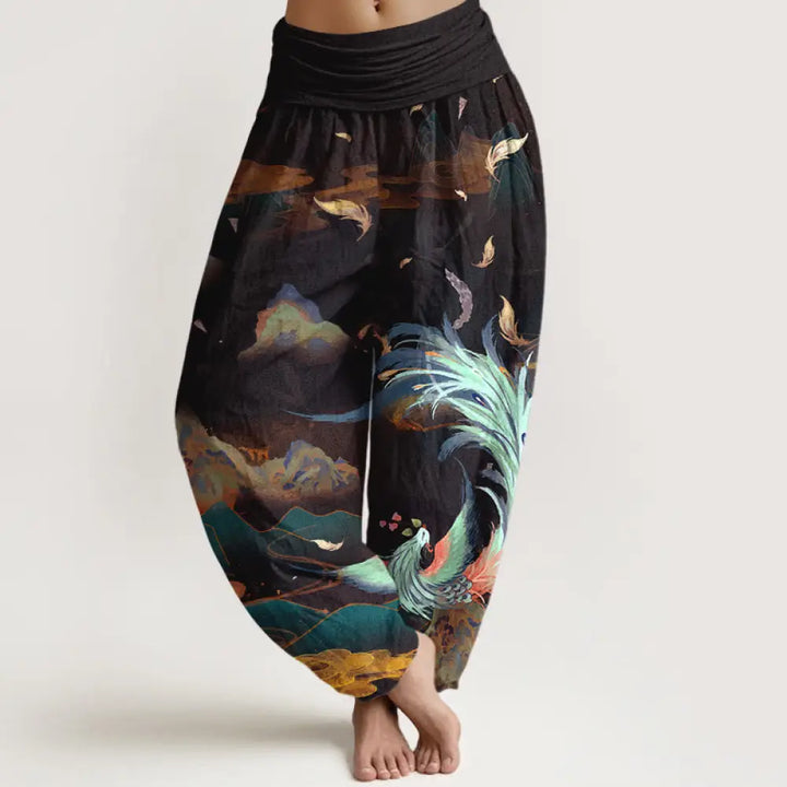 Buddha Stones Pure Cotton Gorgeous Phoenix Mountain Cloud Pattern Women’s Elastic Waist Harem Pants - Black