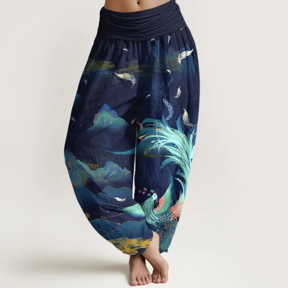 Buddha Stones Pure Cotton Gorgeous Phoenix Mountain Cloud Pattern Women’s Elastic Waist Harem Pants - Navy
