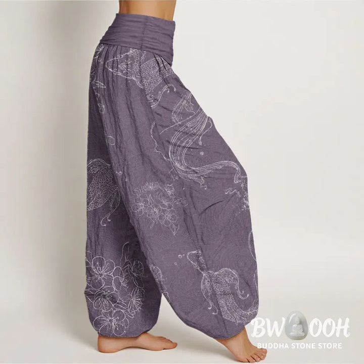 Buddha Stones Pure Cotton Koi Fish Floral Pattern Women’s Elastic Waist Harem Pants - Women’s Harem Pants