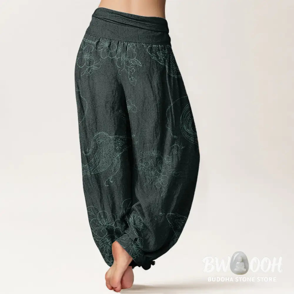 Buddha Stones Pure Cotton Koi Fish Floral Pattern Women’s Elastic Waist Harem Pants - Women’s Harem Pants