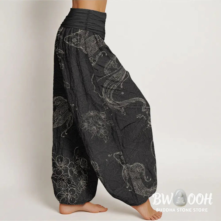 Buddha Stones Pure Cotton Koi Fish Floral Pattern Women’s Elastic Waist Harem Pants - Women’s Harem Pants