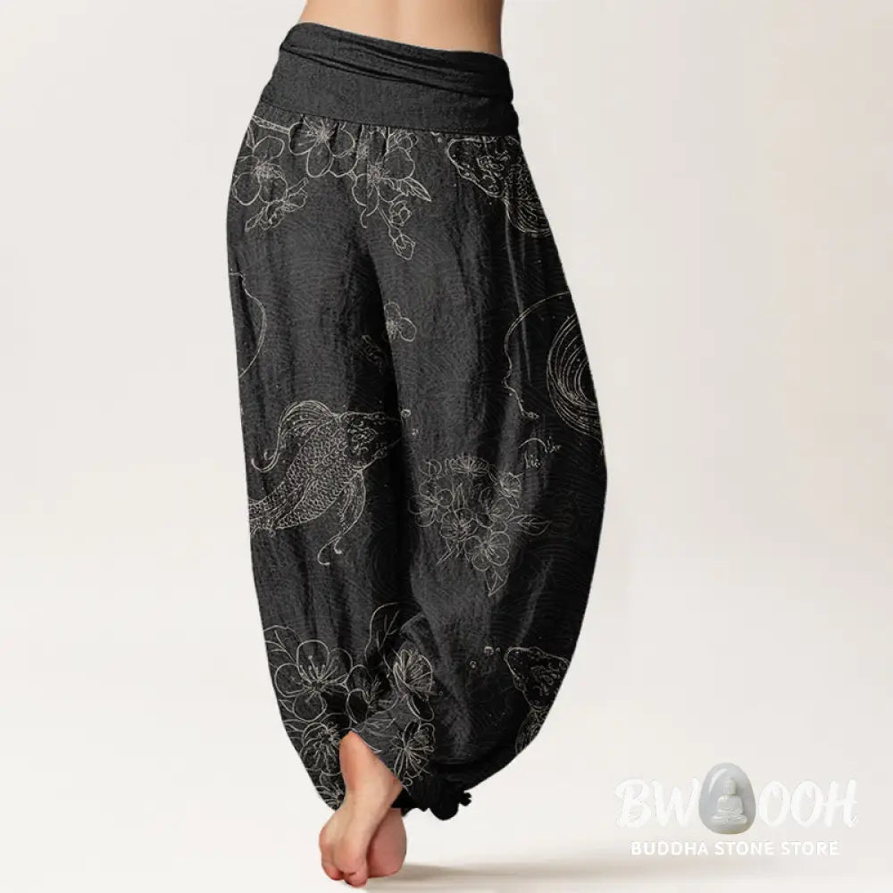 Buddha Stones Pure Cotton Koi Fish Floral Pattern Women’s Elastic Waist Harem Pants - Women’s Harem Pants