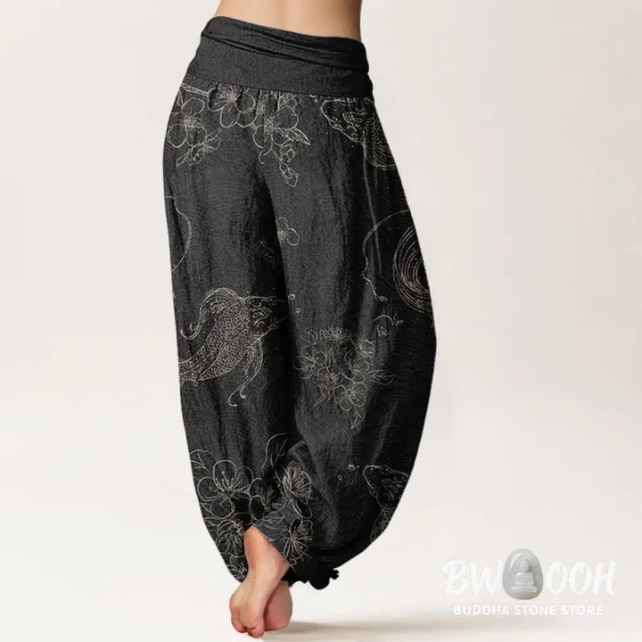 Buddha Stones Pure Cotton Koi Fish Floral Pattern Women’s Elastic Waist Harem Pants - Women’s Harem Pants