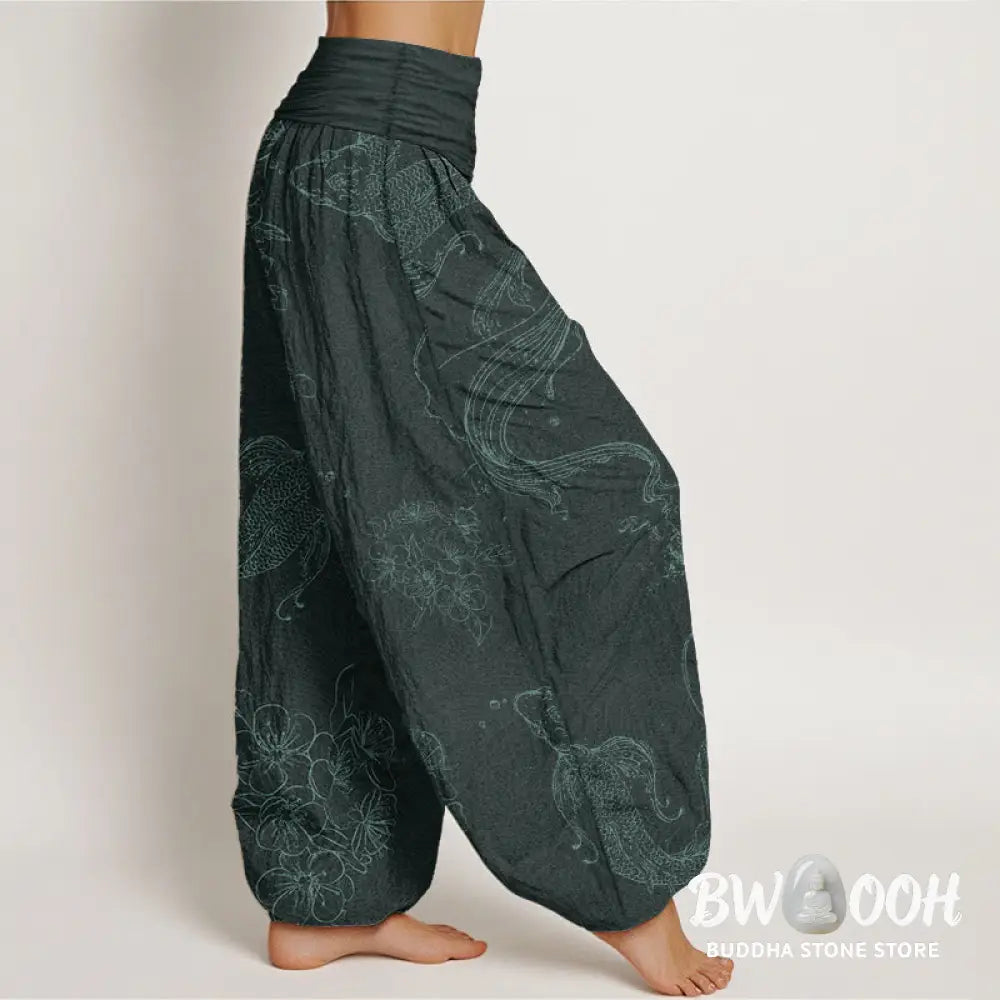 Buddha Stones Pure Cotton Koi Fish Floral Pattern Women’s Elastic Waist Harem Pants - Women’s Harem Pants