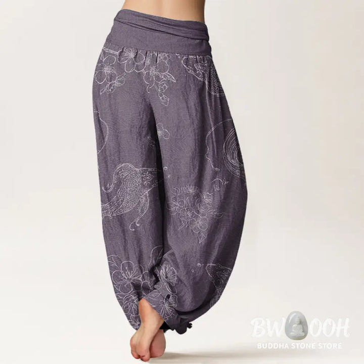Buddha Stones Pure Cotton Koi Fish Floral Pattern Women’s Elastic Waist Harem Pants - Women’s Harem Pants