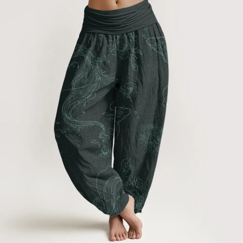 Buddha Stones Pure Cotton Koi Fish Floral Pattern Women’s Elastic Waist Harem Pants - DarkCyan / US2，UK/AU6，EU34 (XS)