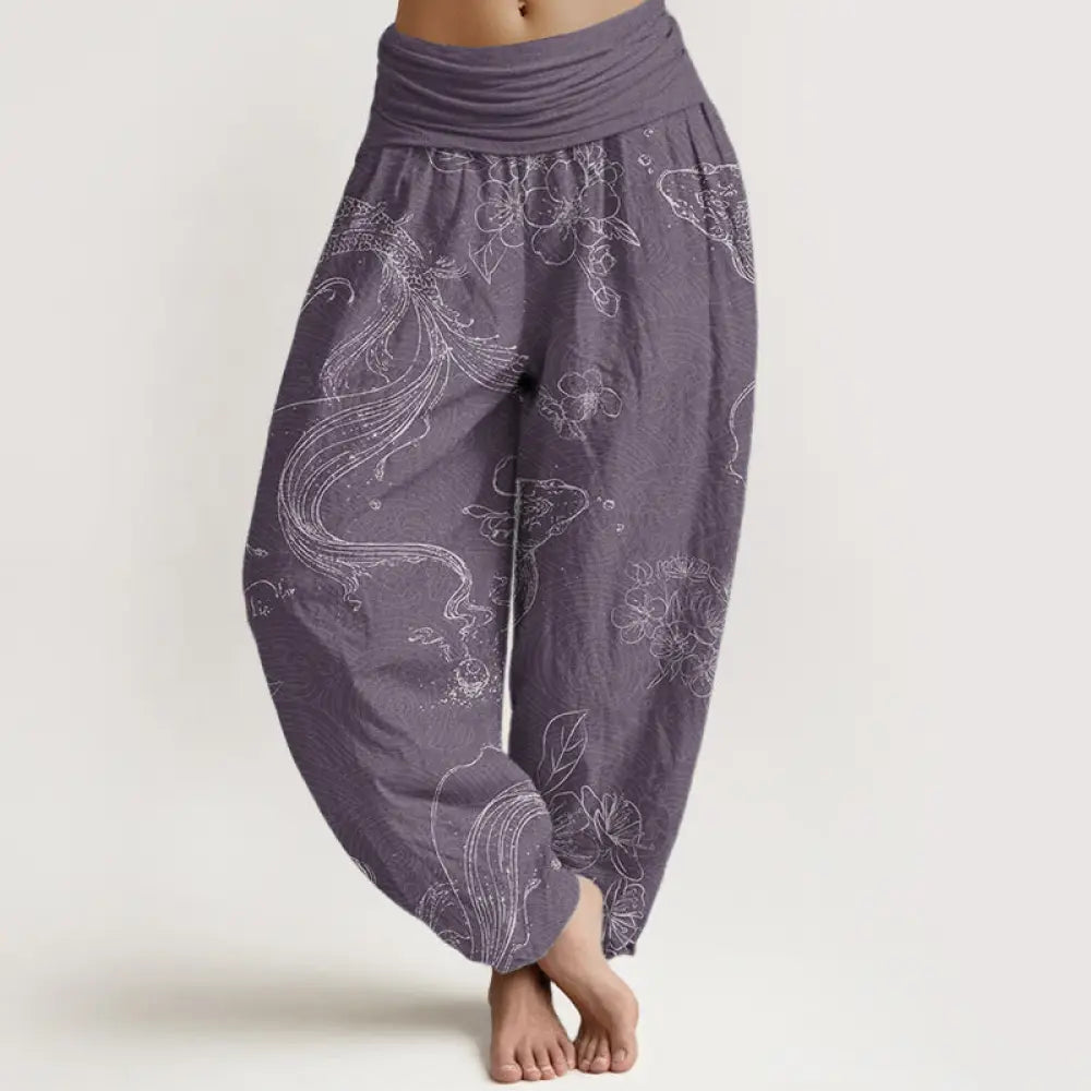 Buddha Stones Pure Cotton Koi Fish Floral Pattern Women’s Elastic Waist Harem Pants - MediumPurple / US2，UK/AU6，EU34