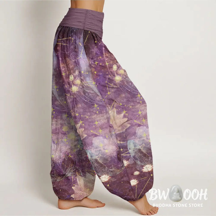 Buddha Stones Pure Cotton Koi Fish Lotus Moon Stars Pattern Women’s Elastic Waist Harem Pants - Women’s Harem Pants
