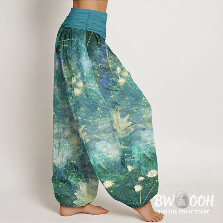 Buddha Stones Pure Cotton Koi Fish Lotus Moon Stars Pattern Women’s Elastic Waist Harem Pants - Women’s Harem Pants