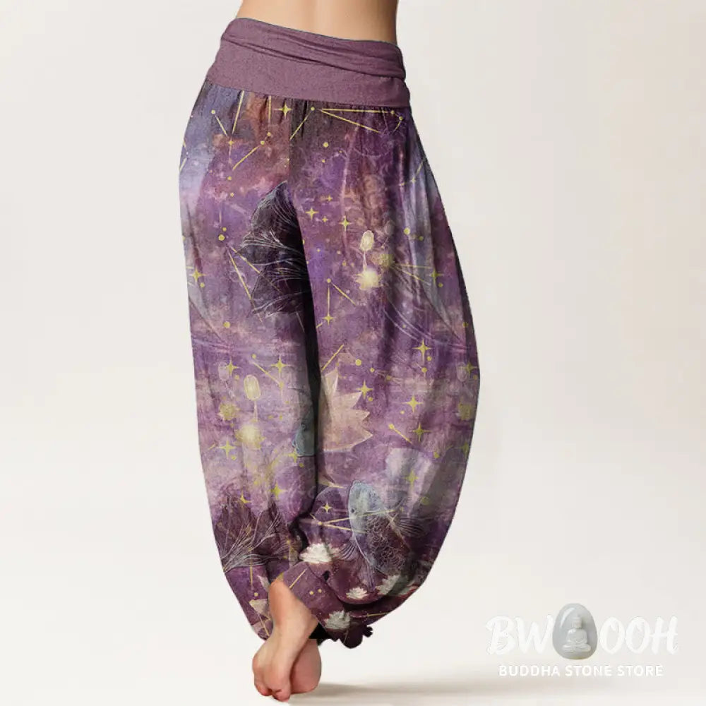 Buddha Stones Pure Cotton Koi Fish Lotus Moon Stars Pattern Women’s Elastic Waist Harem Pants - Women’s Harem Pants