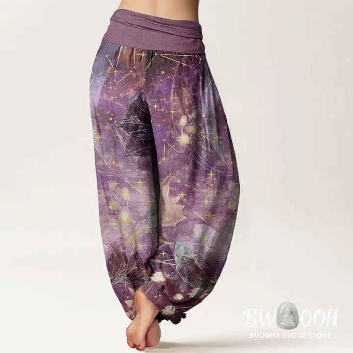 Buddha Stones Pure Cotton Koi Fish Lotus Moon Stars Pattern Women’s Elastic Waist Harem Pants - Women’s Harem Pants