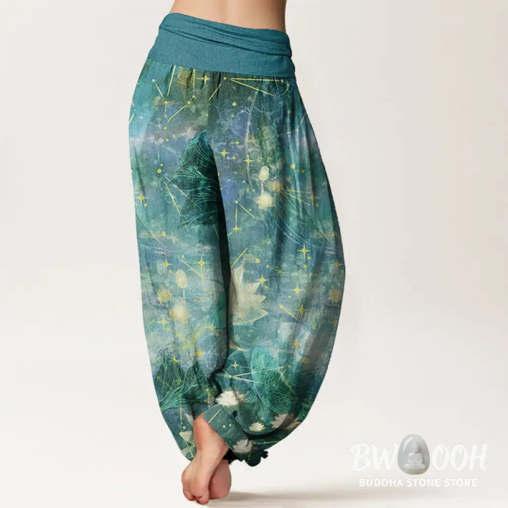 Buddha Stones Pure Cotton Koi Fish Lotus Moon Stars Pattern Women’s Elastic Waist Harem Pants - Women’s Harem Pants