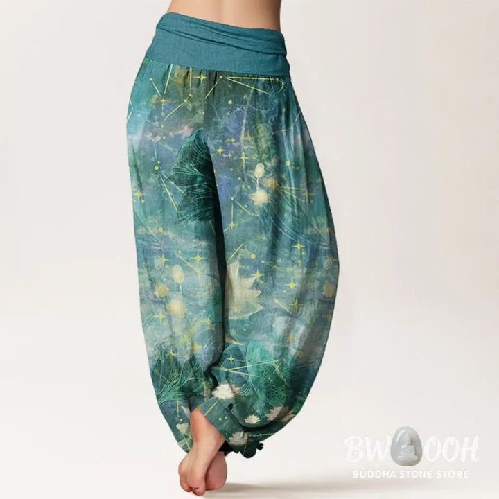 Buddha Stones Pure Cotton Koi Fish Lotus Moon Stars Pattern Women’s Elastic Waist Harem Pants - Women’s Harem Pants
