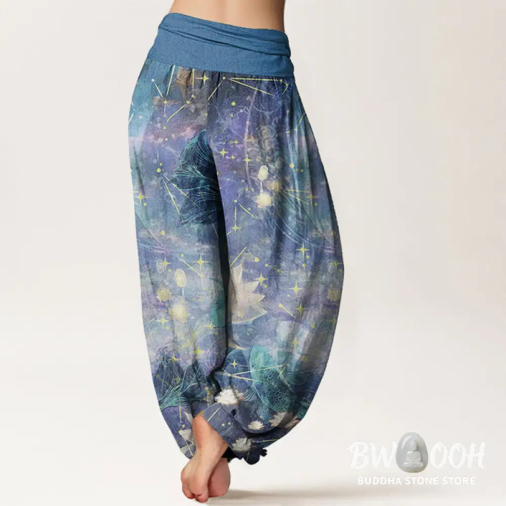 Buddha Stones Pure Cotton Koi Fish Lotus Moon Stars Pattern Women’s Elastic Waist Harem Pants - Women’s Harem Pants