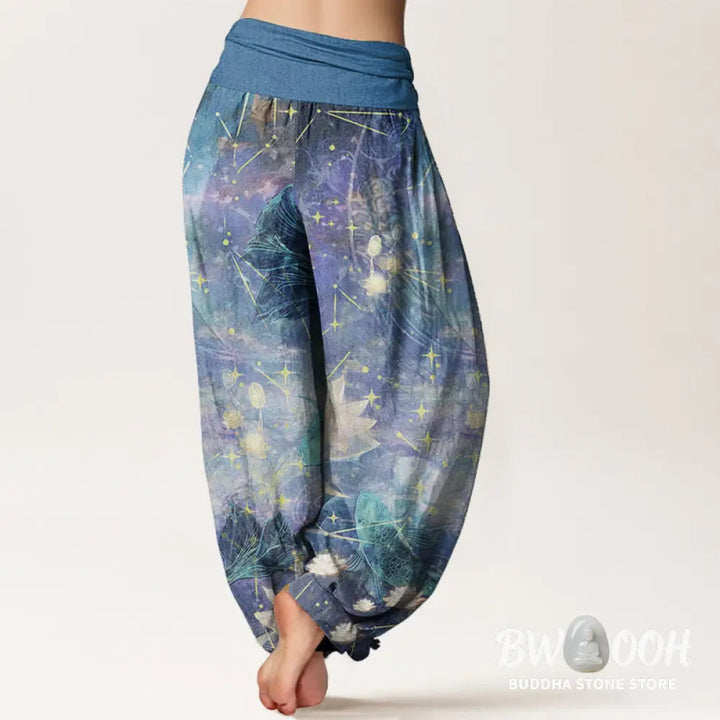 Buddha Stones Pure Cotton Koi Fish Lotus Moon Stars Pattern Women’s Elastic Waist Harem Pants - Women’s Harem Pants