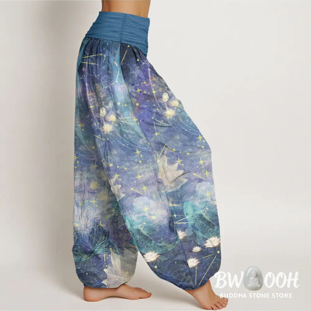 Buddha Stones Pure Cotton Koi Fish Lotus Moon Stars Pattern Women’s Elastic Waist Harem Pants - Women’s Harem Pants