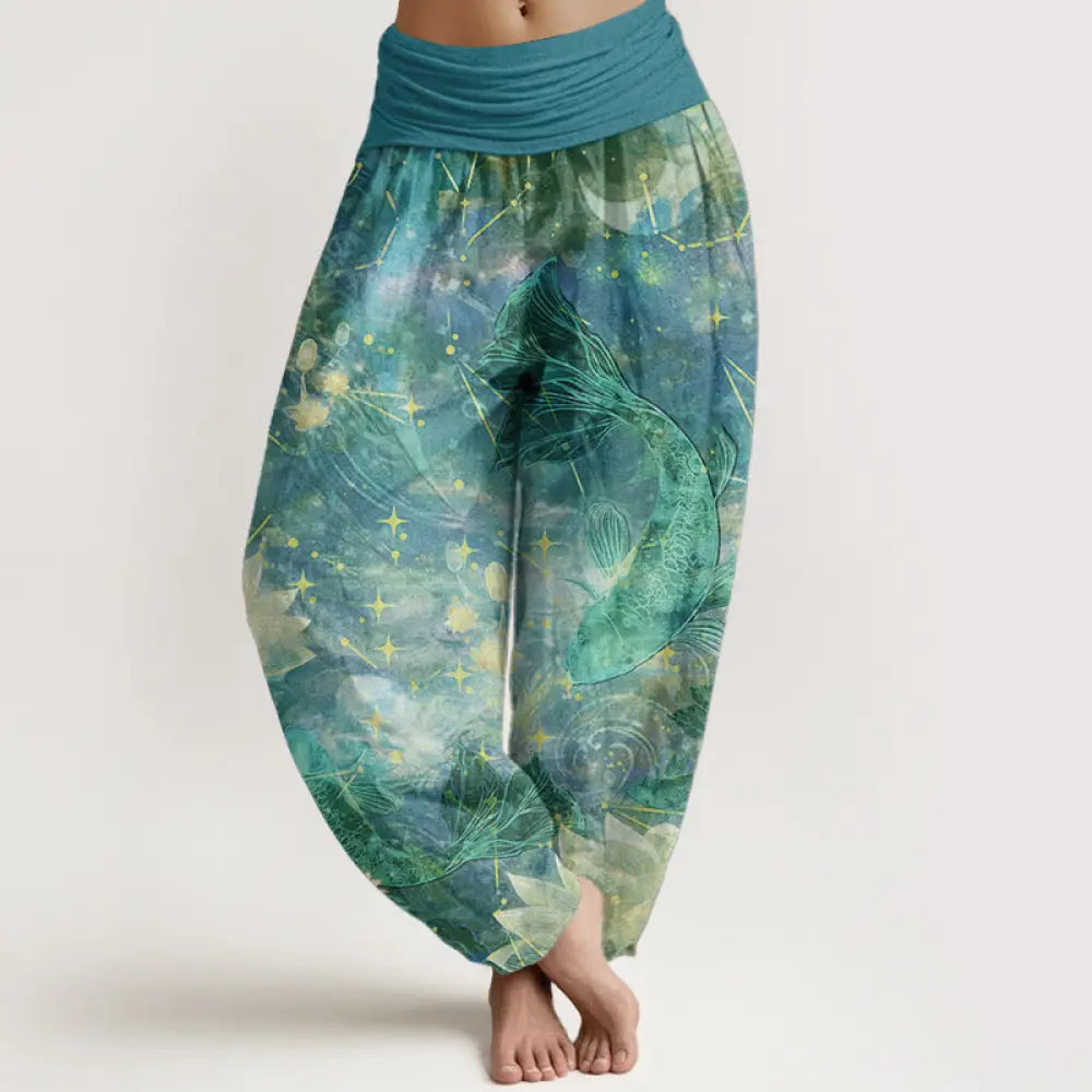 Buddha Stones Pure Cotton Koi Fish Lotus Moon Stars Pattern Women’s Elastic Waist Harem Pants - MediumTurquoise