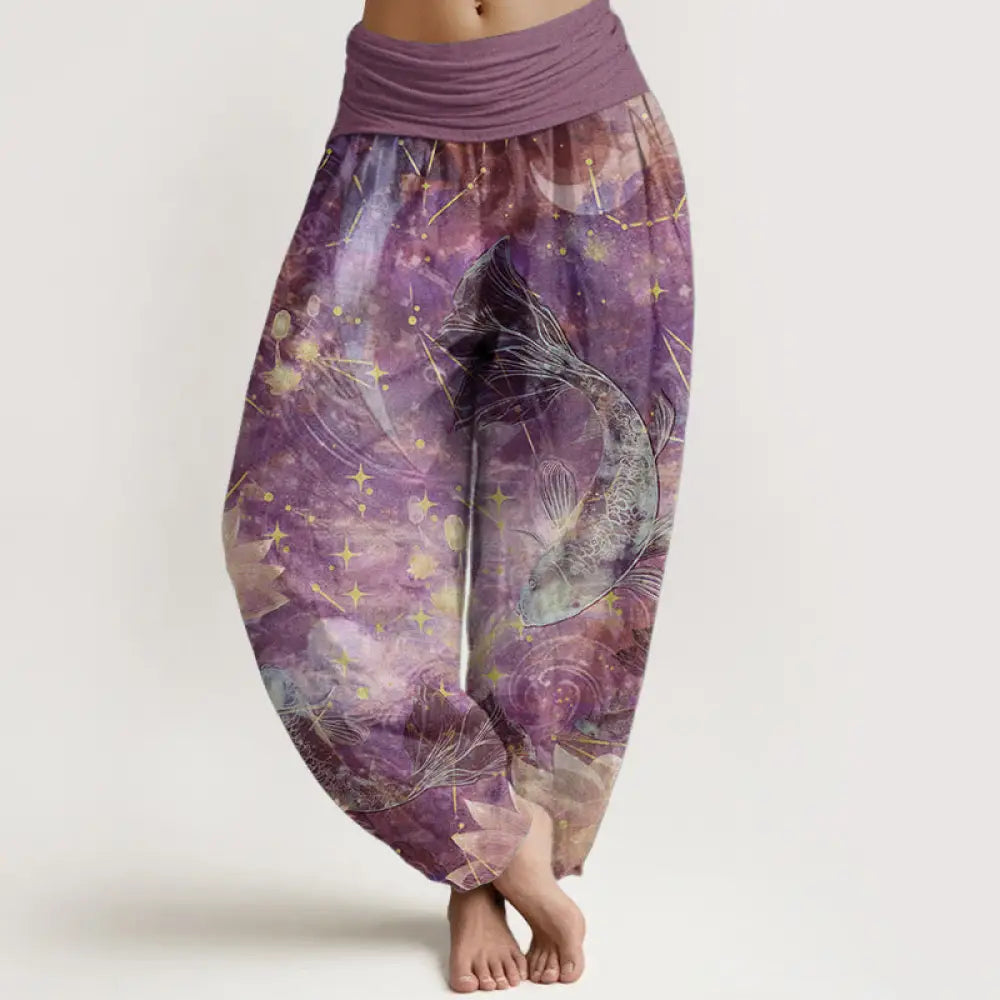 Buddha Stones Pure Cotton Koi Fish Lotus Moon Stars Pattern Women’s Elastic Waist Harem Pants - Plum / US2，UK/AU6，EU34