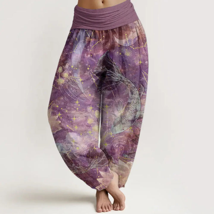 Buddha Stones Pure Cotton Koi Fish Lotus Moon Stars Pattern Women’s Elastic Waist Harem Pants - Plum / US2，UK/AU6，EU34