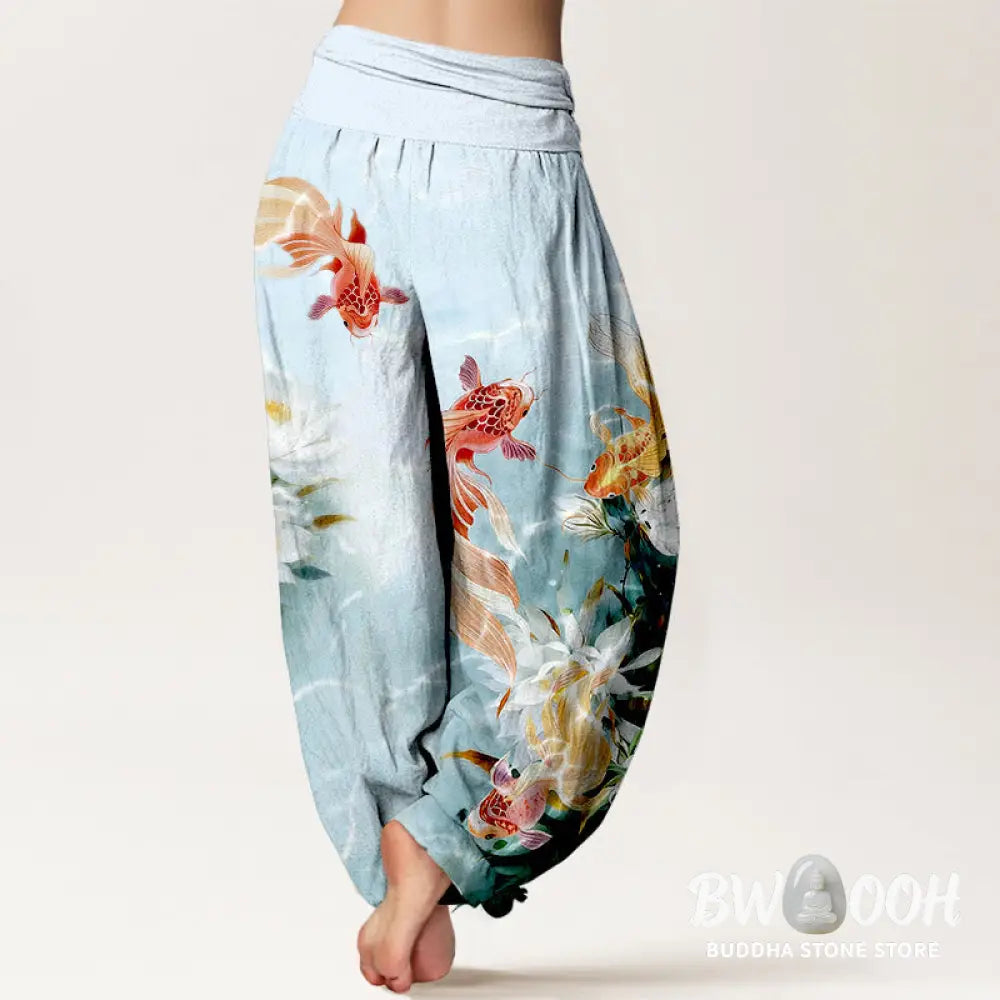 Buddha Stones Pure Cotton Light-Colored Koi Fish Lotus Flower Pattern Women’s Elastic Waist Harem Pants - Women’s Harem