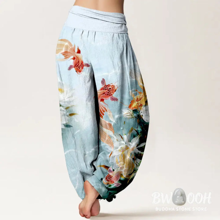 Buddha Stones Pure Cotton Light-Colored Koi Fish Lotus Flower Pattern Women’s Elastic Waist Harem Pants - Women’s Harem