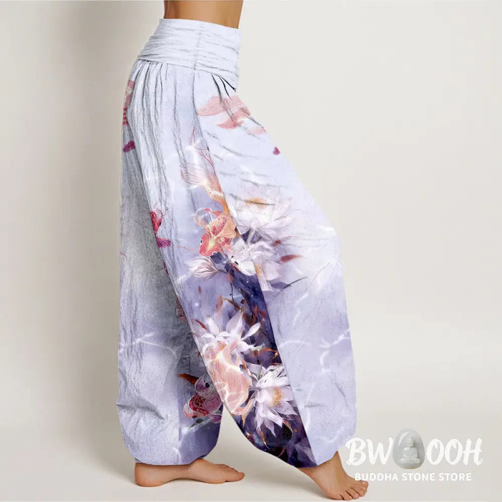 Buddha Stones Pure Cotton Light-Colored Koi Fish Lotus Flower Pattern Women’s Elastic Waist Harem Pants - Women’s Harem