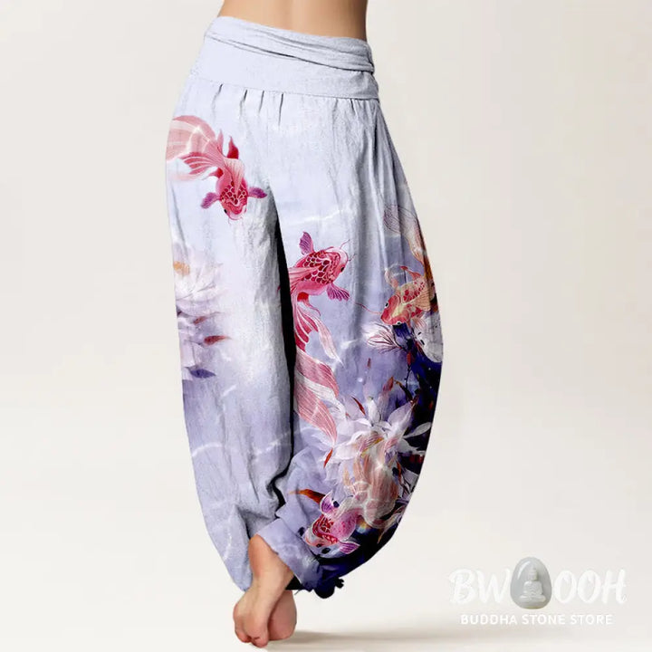 Buddha Stones Pure Cotton Light-Colored Koi Fish Lotus Flower Pattern Women’s Elastic Waist Harem Pants - Women’s Harem