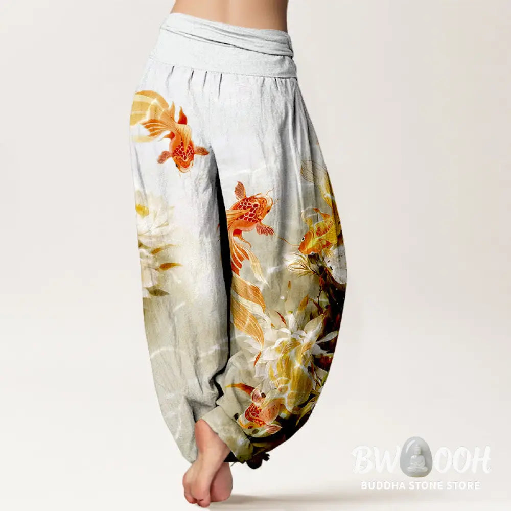 Buddha Stones Pure Cotton Light-Colored Koi Fish Lotus Flower Pattern Women’s Elastic Waist Harem Pants - Women’s Harem